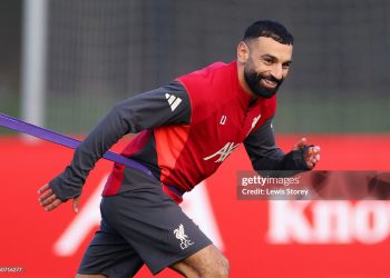 Mohamed Salah of Liverpool smiles as he trains during a Liverpool Training Centre (Photo by Lewis Storey/Getty Images)