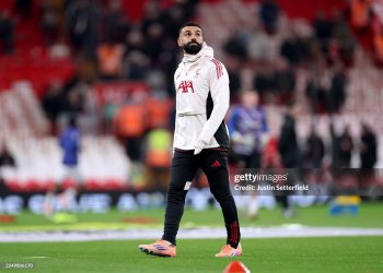 Mohamed Salah of Liverpool looks on during warm ups prior to the Premier League match between Liverpool and Sunderland (Photo by Justin Setterfield/Getty Images)