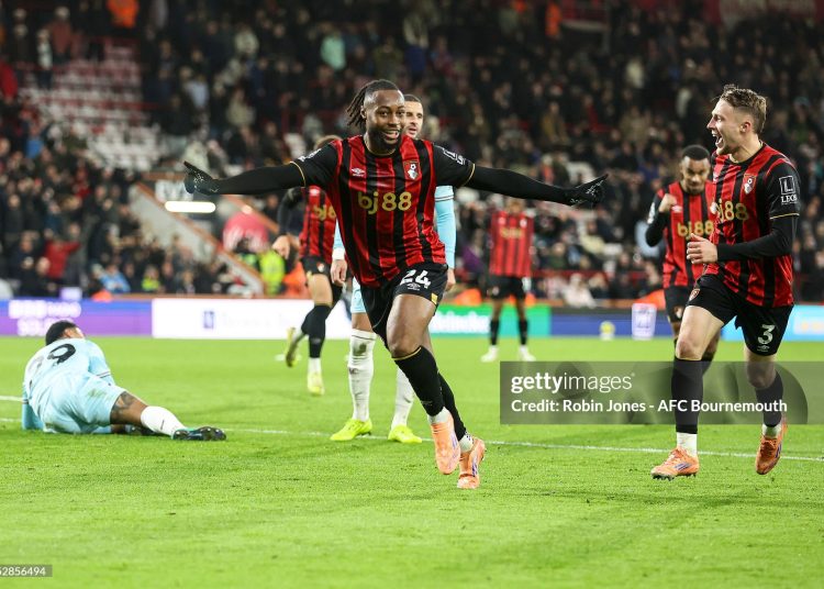 Antoine Semenyo celebrates after he scores a goal to make it 1-0 with team-mate Adrien Truffert during the Premier League match between Bournemouth and Burnley (Photo by Robin Jones - AFC Bournemouth/AFC Bournemouth via Getty Images)