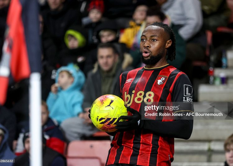Antoine Semenyo of Bournemouth during the Premier League match between Bournemouth and Burnley (Photo by Robin Jones - AFC Bournemouth/AFC Bournemouth via Getty Images)