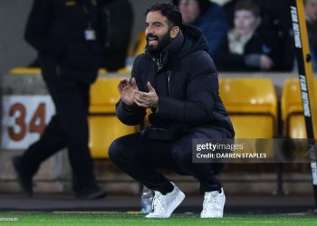 Manchester United's Portuguese head coach Ruben Amorim reacts during the English Premier League football match between Wolverhampton Wanderers and Manchester United (Photo by Darren Staples / AFP via Getty Images)