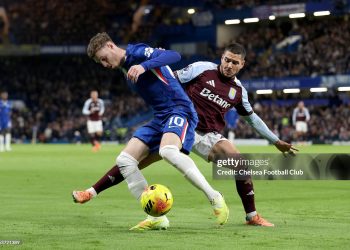 Cole Palmer of Chelsea is challenged by Emi Buendia of Aston Villa during the Premier League match between Chelsea and Aston Villa (Photo by Chelsea Football Club/Chelsea FC via Getty Images)