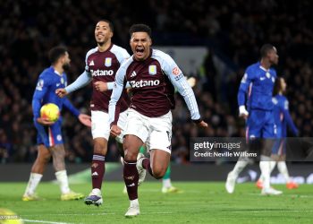 Ollie Watkins of Aston Villa celebrates scoring his team's first goal during the Premier League match between Chelsea and Aston Villa (Photo by Neville Williams/Aston Villa FC via Getty Images)