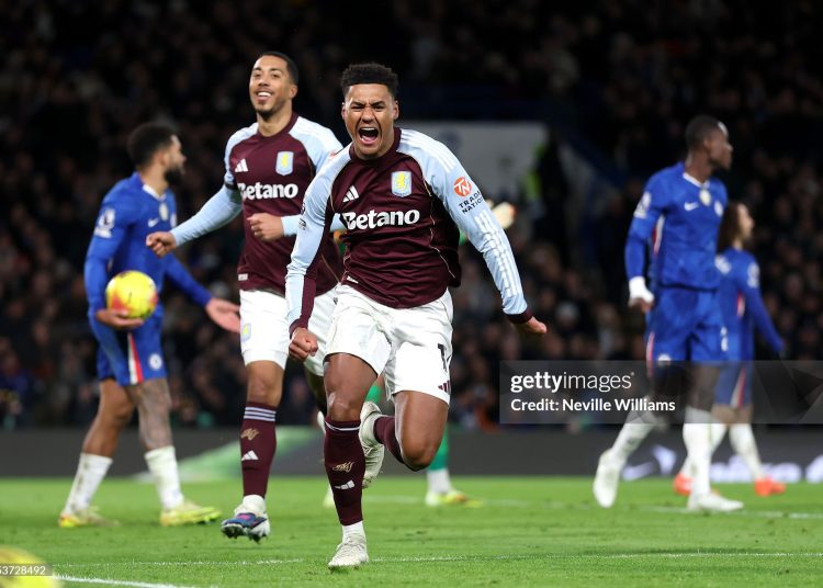 Ollie Watkins of Aston Villa celebrates scoring his team's first goal during the Premier League match between Chelsea and Aston Villa (Photo by Neville Williams/Aston Villa FC via Getty Images)