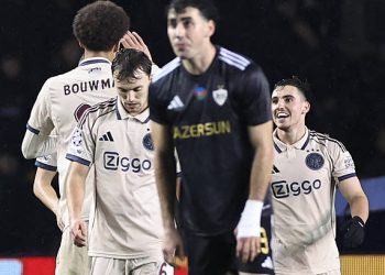 Ajax's Israeli midfielder #10 Oscar Gloukh celebrates after scoring the team's fourth goal (Photo by Giorgi ARJEVANIDZE / AFP via Getty Images)