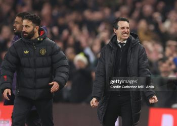 Unai Emery  with Ruben Amorim after final whistle (Photo by Catherine Ivill - AMA/Getty Images)