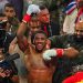 British boxer Anthony Joshua celebrates after defeating US boxer and influencer Jake Paul (off frame) in a non-title heavyweight bout at the Kaseya Center in Miami, Florida, on December 19, 2025. (Photo by Giorgio VIERA / AFP via Getty Images)