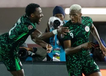 Victor Osimhen (right) celebrates after scoring goal against Tunisia at 2025 AFCON Photo Courtesy: Getty Images