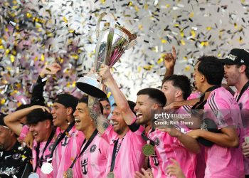 Lionel Messi #10 of Inter Miami CF lifts the Champion's trophy after winning the Audi 2025 MLS Cup Final match between Inter Miami CF and Vancouver Whitecaps FC (Photo by Rich Storry/Getty Images)
