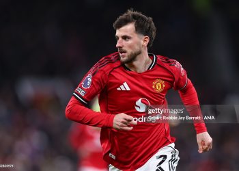 Mason Mount of Manchester United  during the Premier League match between Manchester United and Newcastle United (Photo by Robbie Jay Barratt - AMA/Getty Images)