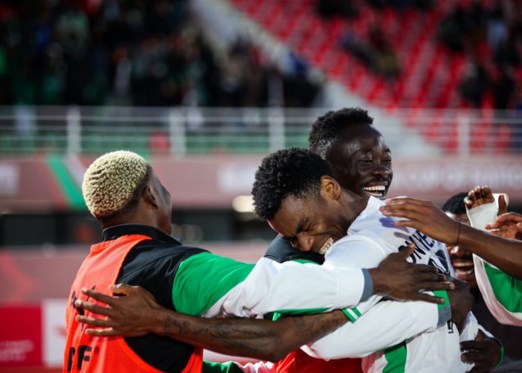 Raphael Onyedika celebrating with teammates  after  scoring. Photo Courtesy: Supoer Eagles X