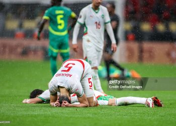 Morocco's Nayef Aguerd in tears after the loss during the Africa Cup Of Nations Final match between Senegal and Morocco (Photo by Torbjorn Tande/DeFodi Images/DeFodi via Getty Images)