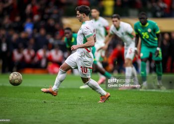 Morocco's Brahim Diaz misses from the penalty spot during the Africa Cup Of Nations Final match between Senegal and Morocco (Photo by Torbjorn Tande/DeFodi Images/DeFodi via Getty Images)
