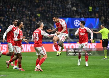 Gabriel Jesus of Arsenal celebrates scoring his team's second goal with teammates Leandro Trossard and Jurrien Timber during the UEFA Champions League 2025/26 League Phase MD7 match between FC Internazionale Milano and Arsenal FC (Photo by Chris Ricco - UEFA/UEFA via Getty Images)