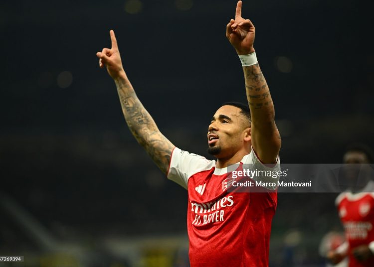 Gabriel Jesus of Arsenal FC celebrates after scoring the 0-1 goal during the UEFA Champions League 2025/26 League Phase MD7 match between FC Internazionale Milano and Arsenal FC (Photo by Marco Mantovani/Getty Images)