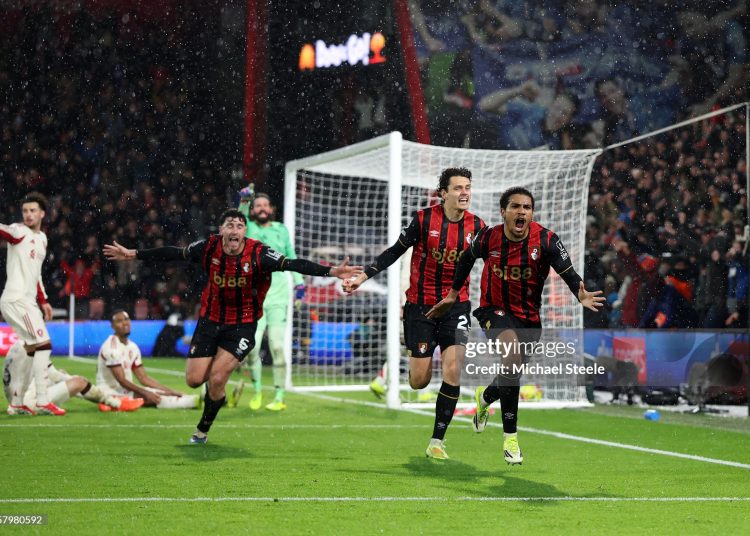 Amine Adli of AFC Bournemouth celebrates scoring his team's third goal during the Premier League match between Bournemouth and Liverpool (Photo by Michael Steele/Getty Images)