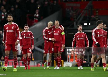 Liverpool's French striker #22 Hugo Ekitike (3L) celebrates scoring the team's fourth goal with Liverpool's Dutch defender #04 Virgil van Dijk during the UEFA Champions League football match between Liverpool and Qarabag (Photo by Paul ELLIS / AFP via Getty Images)