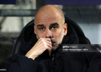 Pep Guardiola, Manager of Manchester City, looks on prior to the UEFA Champions League 2025/26 League Phase MD7 match between FK Bodo/Glimt and Manchester City (Photo by Michael Regan - UEFA/UEFA via Getty Images)