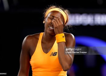 Coco Gauff of the United States reacts against Elina Svitolina of Ukraine during the Women's Singles Quarterfinal match on day 10 of the 2026 Australian Open (Photo by Darrian Traynor/Getty Images)