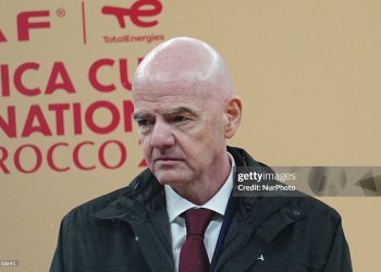 Gianni Infantino  looks on during the AFCON final between Morocco and Senegal (Photo by Ulrik Pedersen/NurPhoto via Getty Images)