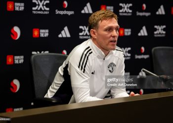 Interim Head Coach Darren Fletcher of Manchester United speaks during a press conference (Photo by Ash Donelon/Manchester United via Getty Images)