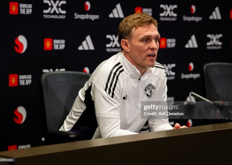 Interim Head Coach Darren Fletcher of Manchester United speaks during a press conference (Photo by Ash Donelon/Manchester United via Getty Images)
