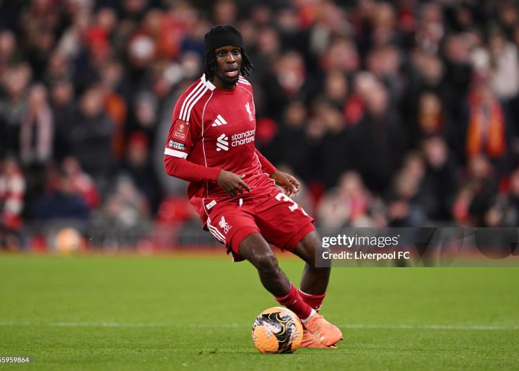 Jeremie Frimpong of Liverpool runs with the ball during the Emirates FA Cup Third Round match between Liverpool and Barnsley (Photo by Liverpool FC/Liverpool FC via Getty Images)