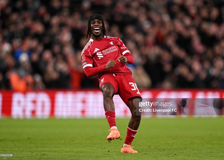 Jeremie Frimpong of Liverpool celebrates scoring his team's second goal during the Emirates FA Cup Third Round match between Liverpool and Barnsley (Photo by Liverpool FC/Liverpool FC via Getty Images)