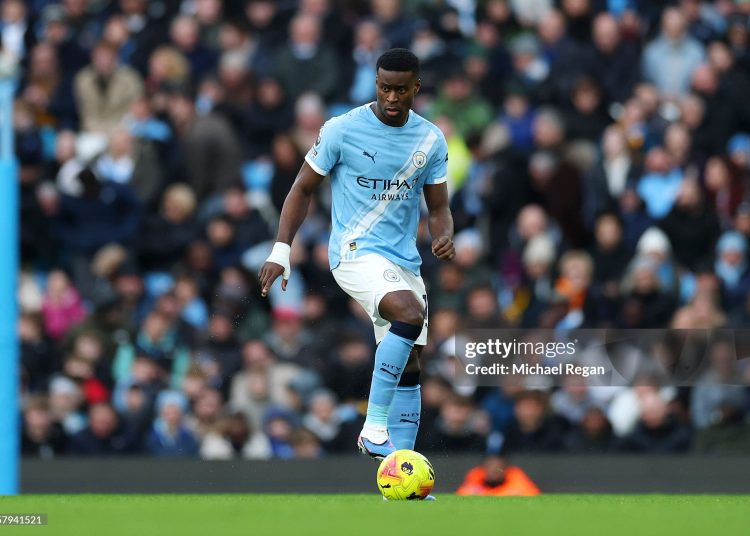 Marc Guehi of Manchester City controls the ball during the Premier League match between Manchester City and Wolverhampton Wanderers (Photo by Michael Regan/Getty Images)