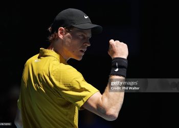 Jannik Sinner of Italy celebrates a point in the Men's Singles Third Round against Eliot Spizzirri of the United States during day seven of the 2026 Australian Open (Photo by Phil Walter/Getty Images)