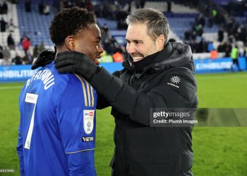 Leicester City Manager Martí Cifuentes and Abdul Fatawu of Leicester City celebrate after the Sky Bet Championship match between Leicester City and West Bromwich Albion (Photo by Plumb Images/Leicester City FC via Getty Images)