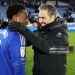Leicester City Manager Martí Cifuentes and Abdul Fatawu of Leicester City celebrate after the Sky Bet Championship match between Leicester City and West Bromwich Albion (Photo by Plumb Images/Leicester City FC via Getty Images)
