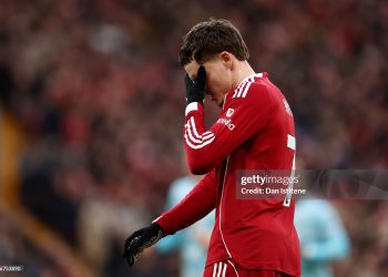Florian Wirtz of Liverpool reacts during the Premier League match between Liverpool and Burnley (Photo by Dan Istitene/Getty Images)