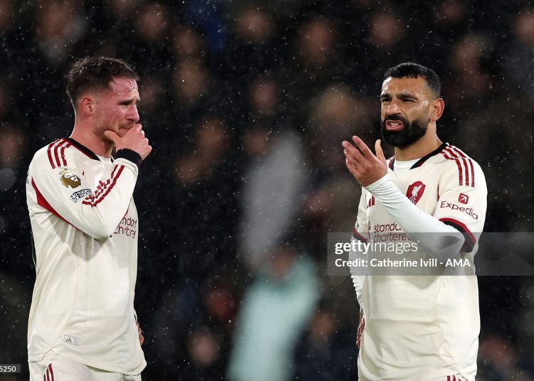 Alexis Mac Allister and Mohamed Salah of Liverpool react  during the Premier League match between Bournemouth and Liverpool (Photo by Catherine Ivill - AMA/Getty Images)