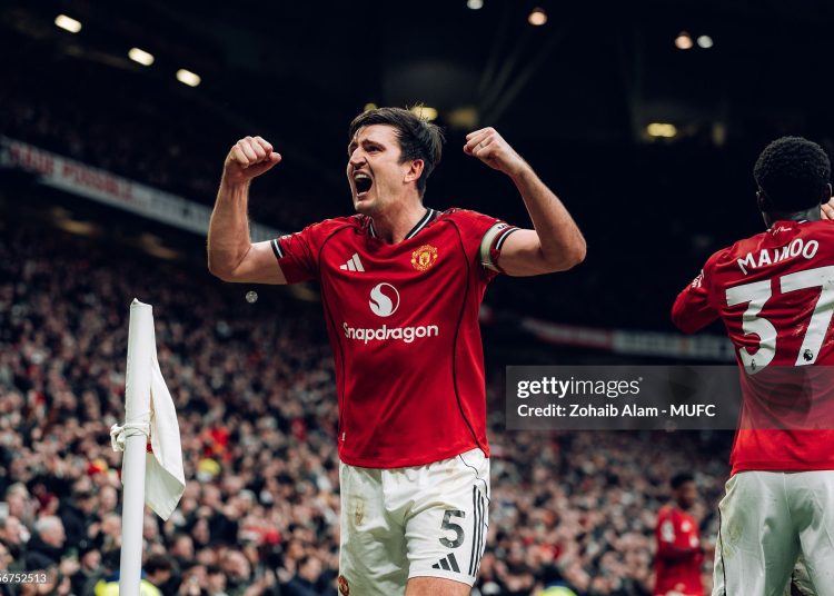 Harry Maguire of Manchester United celebrates during the Premier League match between Manchester United and Manchester City (Photo by Zohaib Alam - MUFC/Manchester United via Getty Images)