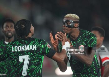 Victor James Osimhen of Nigeria and Ademola Olajide Lookman of Nigeria gestures  during the AFCON Group C match between Mozambique and  Nigeria (Photo by Ulrik Pedersen/NurPhoto via Getty Images)