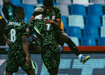 Ademola Lookman hugs Victor Osimhen to celebrate goal at 2025 AFCON semifinals Photo Courtesy: CAF
