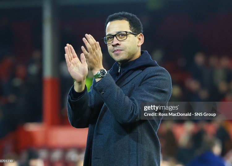Liam Rosenior celebrates his side's 1-0 victory during a UEFA Conference League 2025/26 League Phase MD5 match between Aberdeen and RC Strasbourg (Photo by Ross MacDonald/SNS Group via Getty Images)