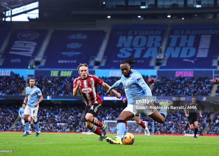 Antoine Semenyo of Manchester City during the Emirates FA Cup Third Round match between Manchester City and Exeter City (Photo by Robbie Jay Barratt - AMA/Getty Images)