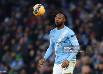 Antoine Semenyo of Manchester City controls the ball during the Emirates FA Cup Third Round match between Manchester City and Exeter City (Photo by Mark Thompson/Getty Images)