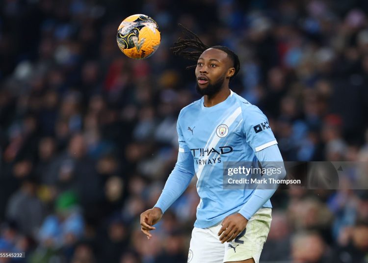Antoine Semenyo of Manchester City controls the ball during the Emirates FA Cup Third Round match between Manchester City and Exeter City (Photo by Mark Thompson/Getty Images)