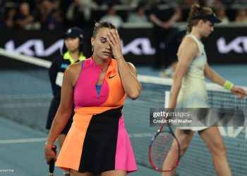 Aryna Sabalenka reacts in the Women's Singles Final against Elena Rybakina of Kazakhstan during day 14 of the 2026 Australian Open (Photo by Phil Walter/Getty Images)