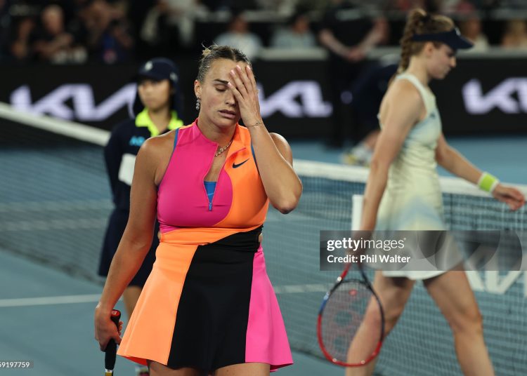 Aryna Sabalenka reacts in the Women's Singles Final against Elena Rybakina of Kazakhstan during day 14 of the 2026 Australian Open (Photo by Phil Walter/Getty Images)