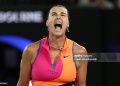 Aryna Sabalenka celebrates a point in the Women's Singles Semifinal match against Elina Svitolina of Ukraine during day 12 of the 2026 Australian Open (Photo by Clive Brunskill/Getty Images)