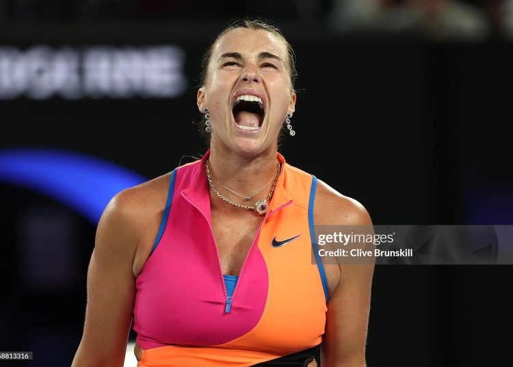 Aryna Sabalenka celebrates a point in the Women's Singles Semifinal match against Elina Svitolina of Ukraine during day 12 of the 2026 Australian Open (Photo by Clive Brunskill/Getty Images)