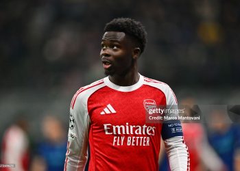 Bukayo Saka of Arsenal FC reacts during the UEFA Champions League 2025/26 League Phase MD7 match between FC Internazionale Milano and Arsenal FC (Photo by Marco Mantovani/Getty Images)