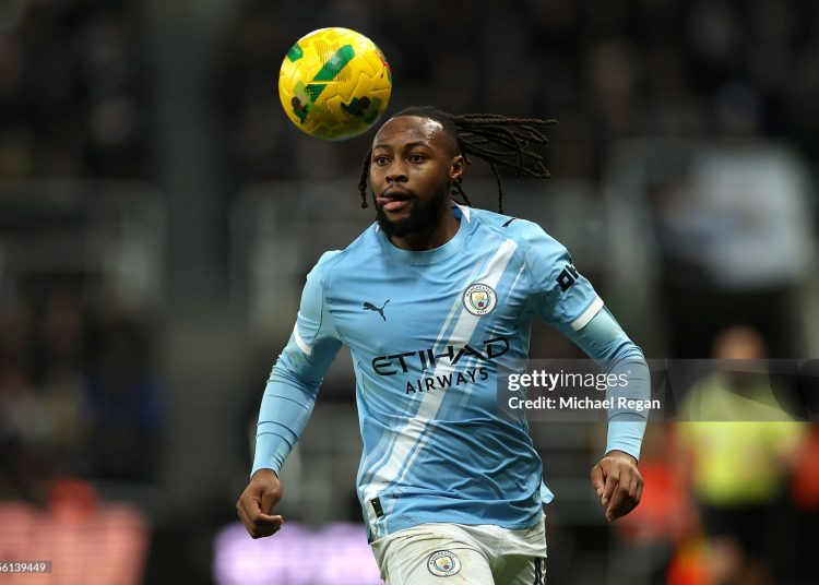 Antoine Semenyo of Manchester City on the ball during the Carabao Cup Semi Final First Leg match between Newcastle United and Manchester City (Photo by Michael Regan/Getty Images)