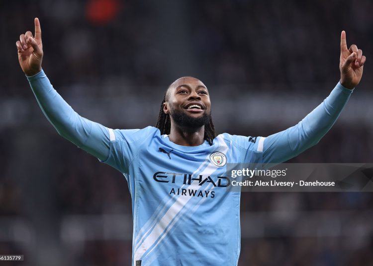 Antoine Semenyo of Manchester City celebrates during the Carabao Cup Semi Final First Leg match between Newcastle United and Manchester City (Photo by Alex Livesey - Danehouse/Getty Images)