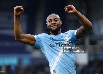 Antoine Semenyo of Manchester City celebrates scoring his team's second goal during the Premier League match between Manchester City and Wolverhampton Wanderers (Photo by Michael Regan/Getty Images)