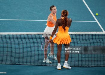 Elina Svitolina (L) of Ukraine greets Coco Gauff of the United States after their Women's Singles Quarter Finals match during day ten of the 2026 Australian Open (Photo by Shi Tang/Getty Images)